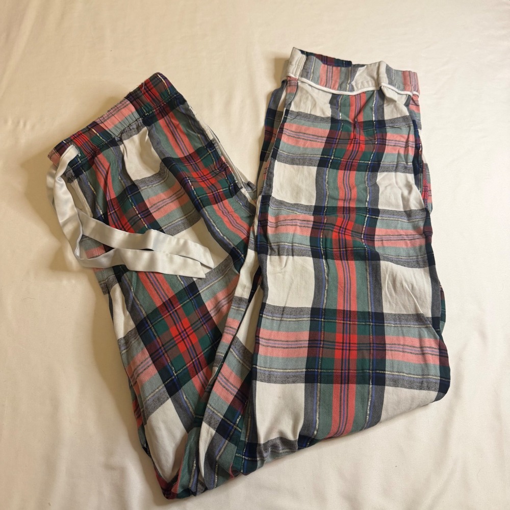 Victorias Secret Plaid Pajama Pants Medium Long Red Green Gold Lurex Shimmer